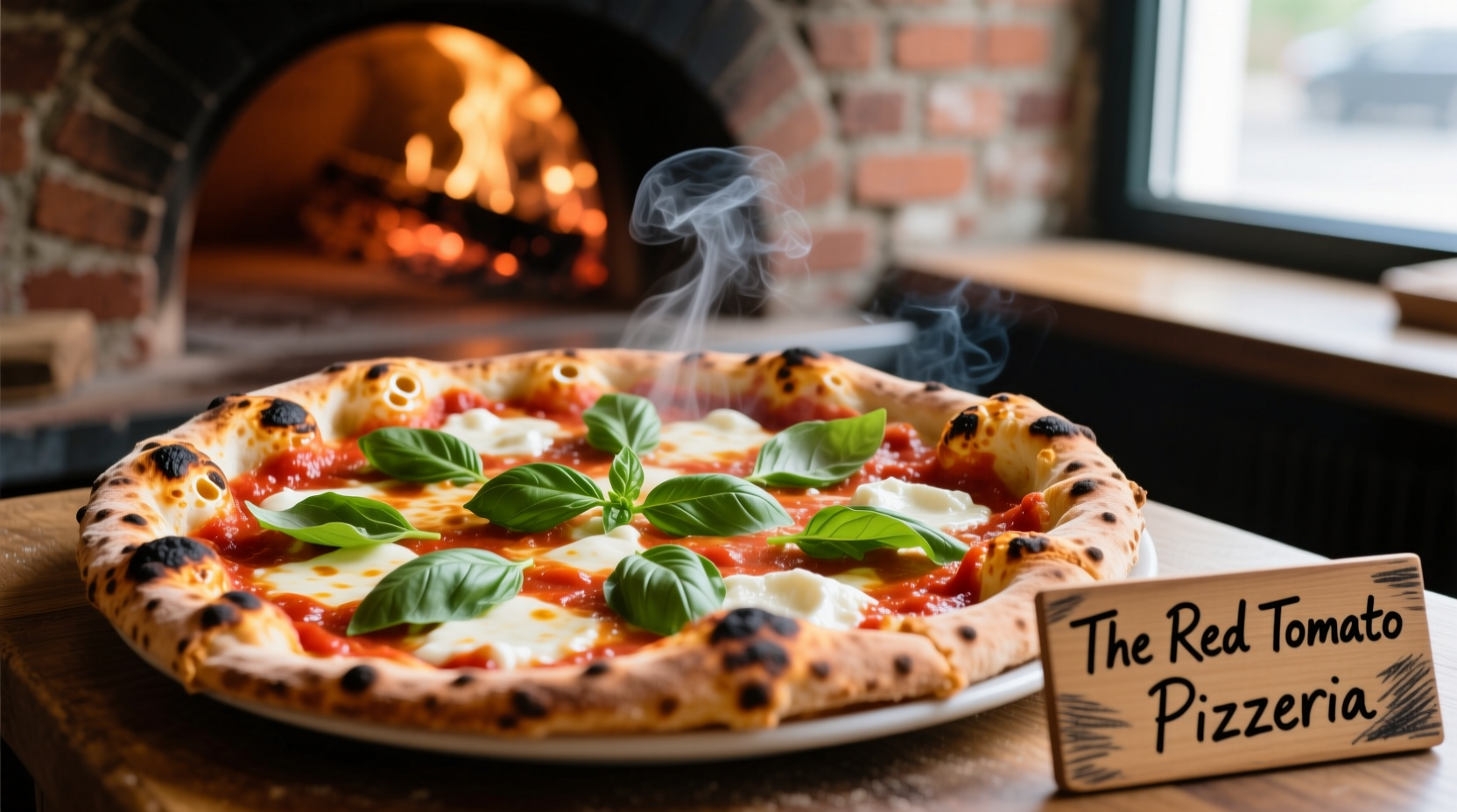 Wood-fired Neapolitan pizza with fresh basil at The Red Tomato Pizzeria