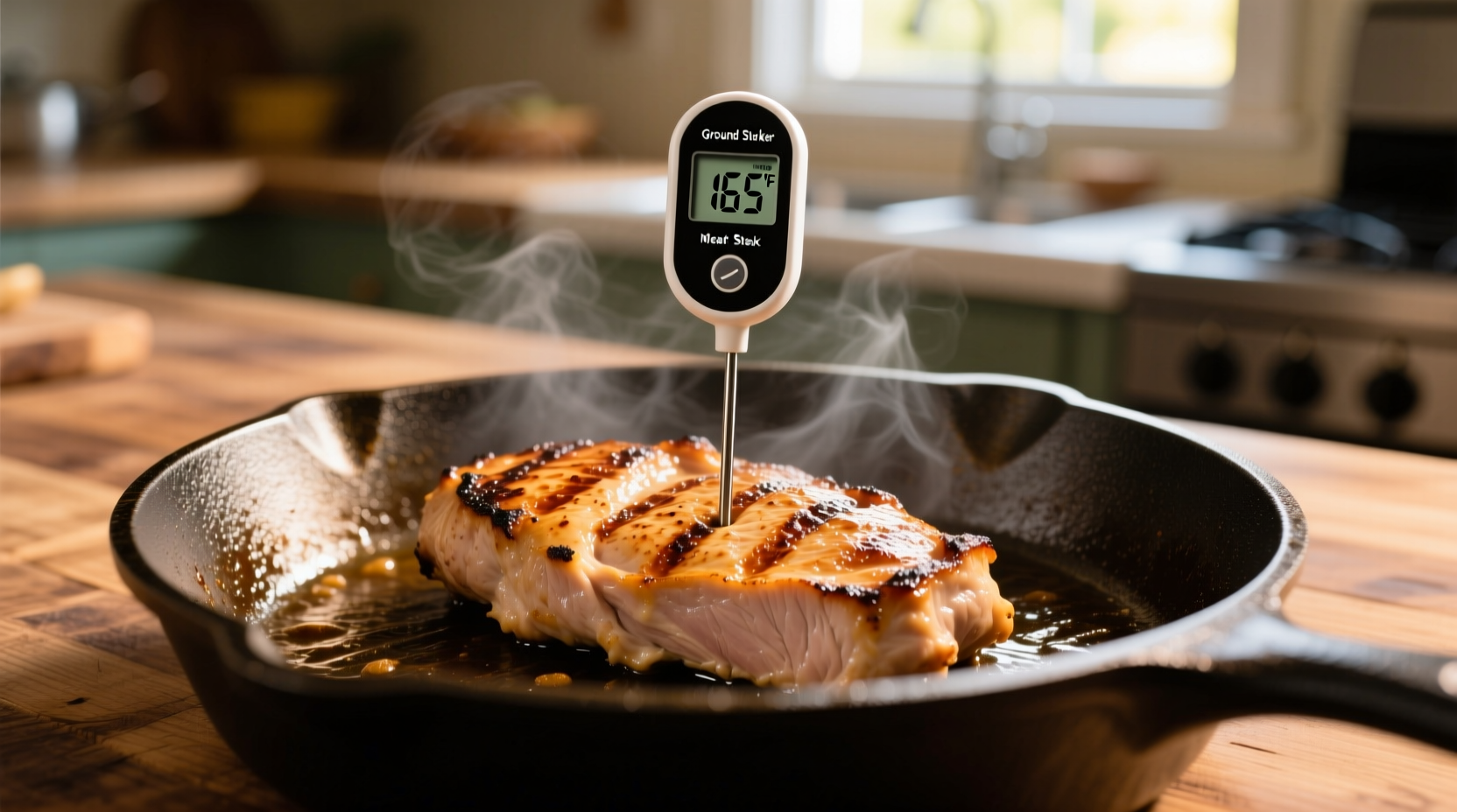 Freshly cooked ground turkey in skillet with thermometer