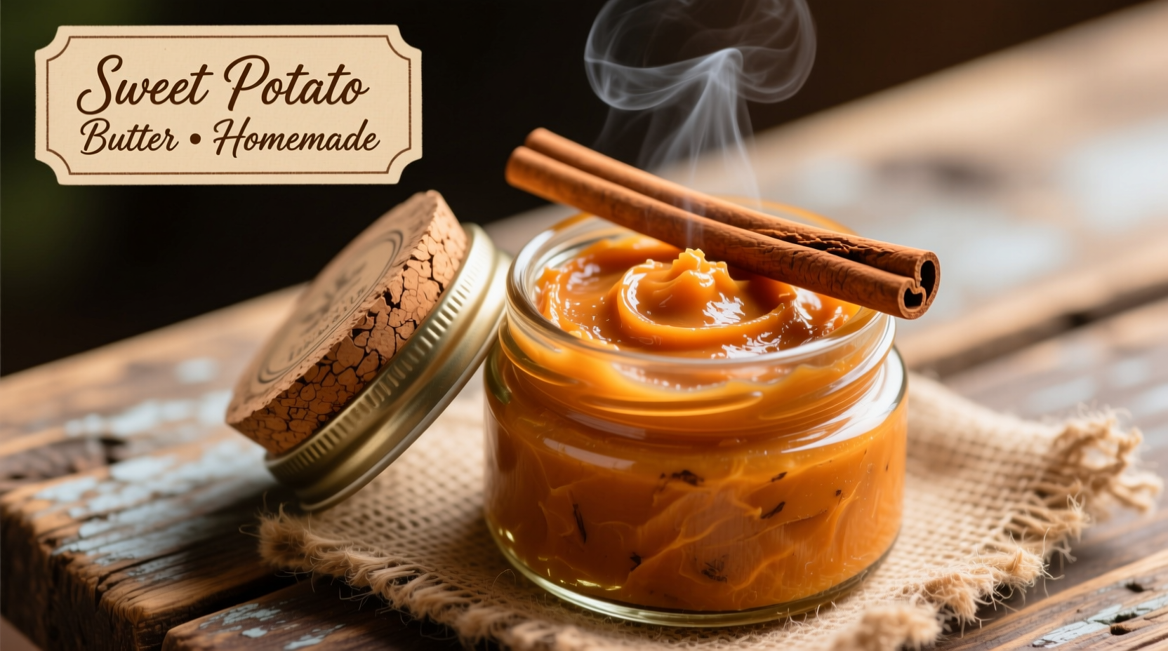 Homemade sweet potato butter in mason jar with cinnamon stick