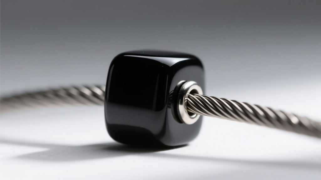 Close-up of 49-strand nylon-coated steel wire threaded through a 6mm black onyx square bead, showing the crimp bead connection