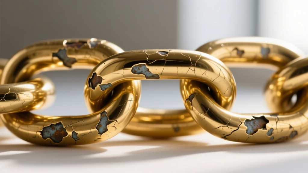 Extreme close-up of interlocking gold-plated brass mesh links showing micro-abrasion and tarnish where the plating has worn away