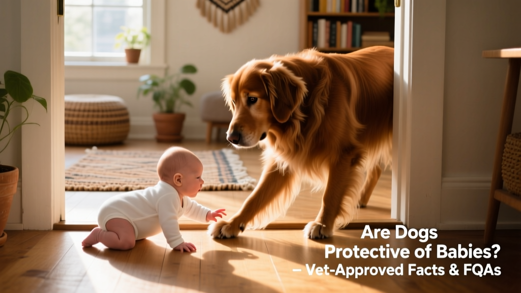 baby crawling near long-coated brown dog near door