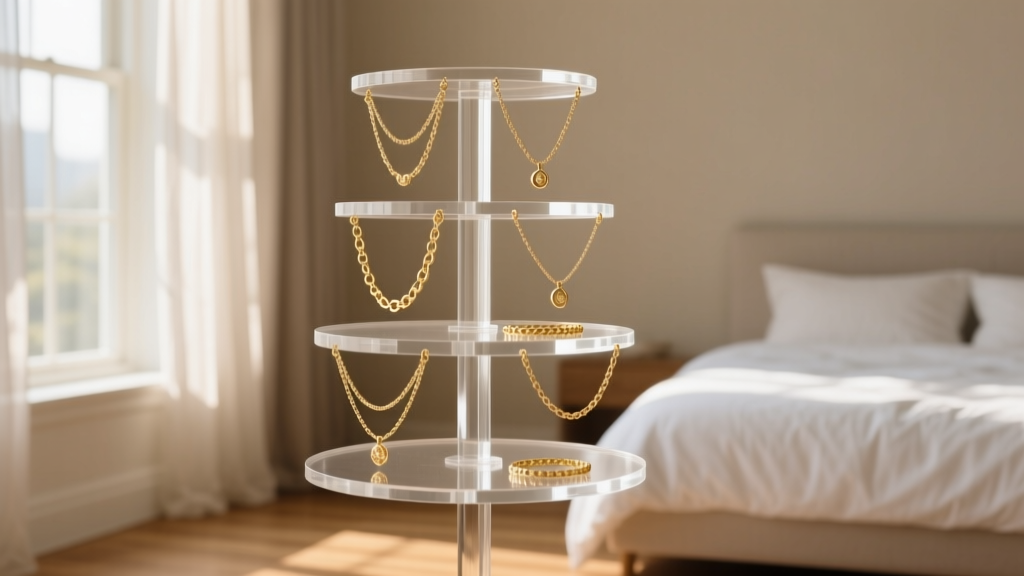 Clear cast acrylic multi-tiered bracelet jewelry display tree holding delicate gold charm chains near a sunlit bedroom window