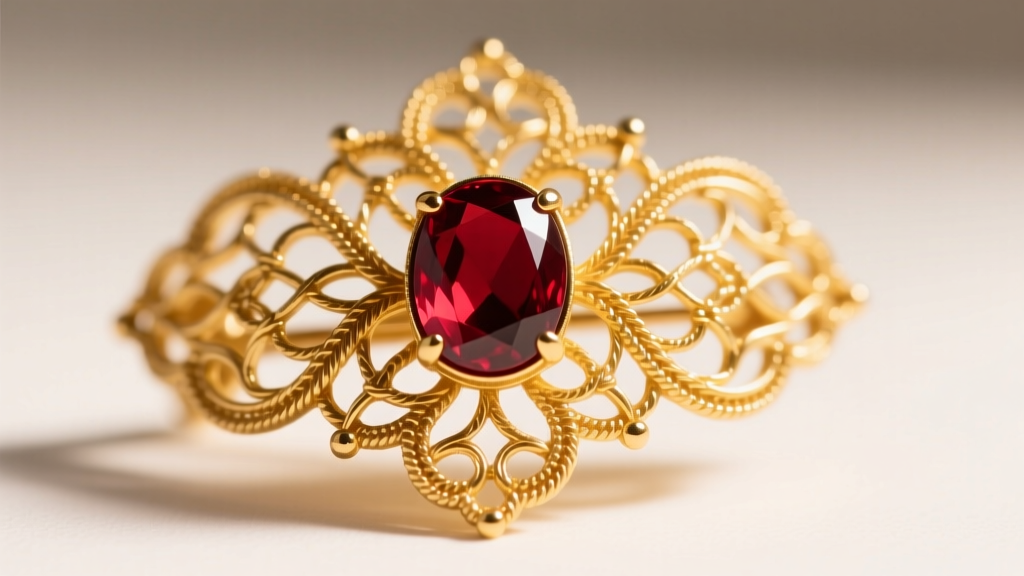 Macro shot of a yellow gold Victorian era jewelry brooch with fine cannetille wirework and a central deep red garnet cabochon
