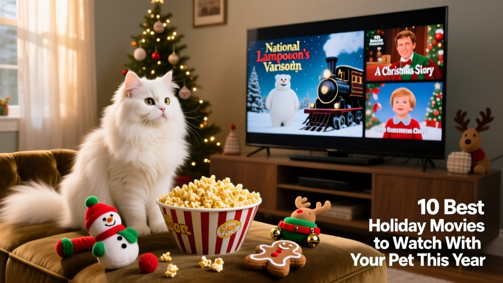 A fluffy cat watching TV alongside a bowl of popcorn and holiday-themed pet toys scattered nearby