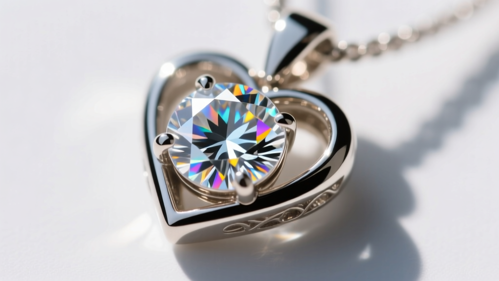 Macro loupe view of a bezel-set lab-grown diamond in a love pendant, showing secure metalwork and VS1 clarity stone facets.