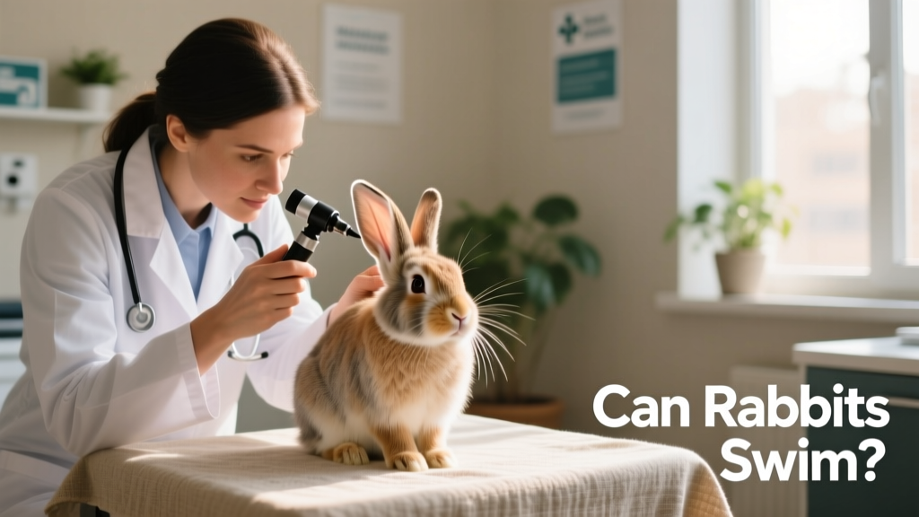 Veterinarian gently examining a rabbit’s ear with an otoscope during a wellness check