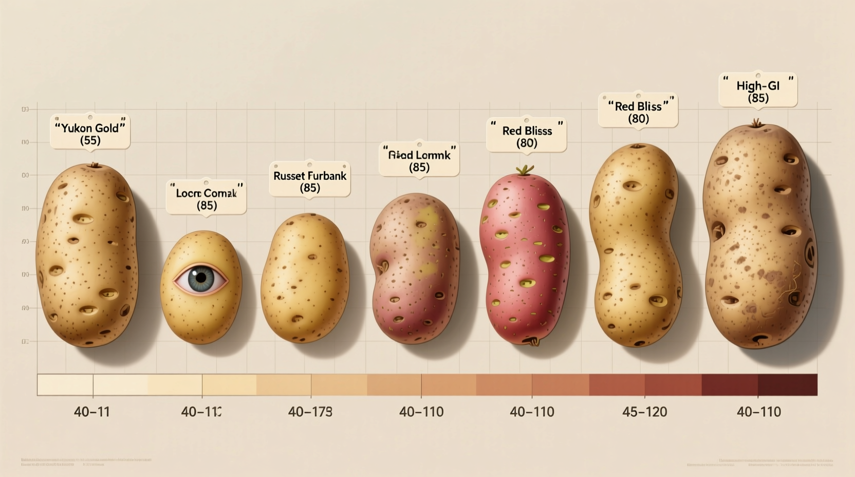 Different potato varieties arranged by glycaemic index