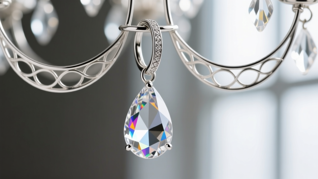 Macro shot of a tangled silver jump ring connecting a faceted clear crystal teardrop to a delicate chandelier earring wire frame