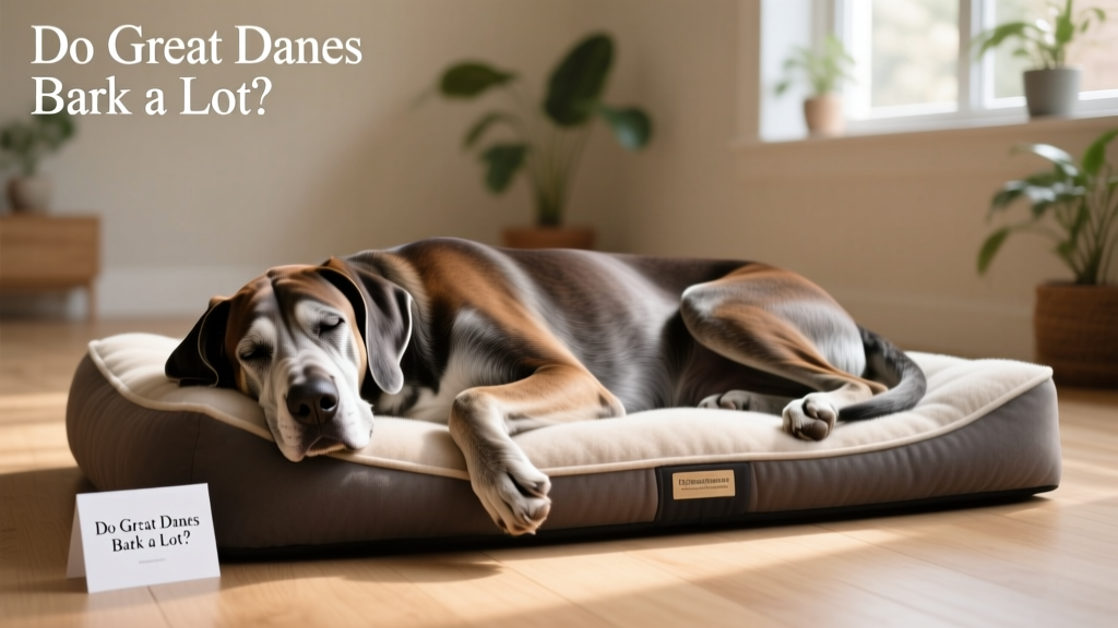 Senior Great Dane resting peacefully on a soft orthopedic dog bed indoors