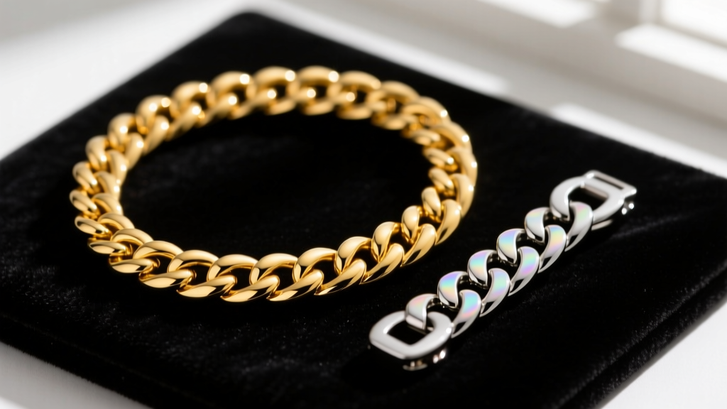 Macro shot of a solid 14k gold 20mm Cuban link chain next to a PVD coated stainless steel replica on a dark velvet display pad