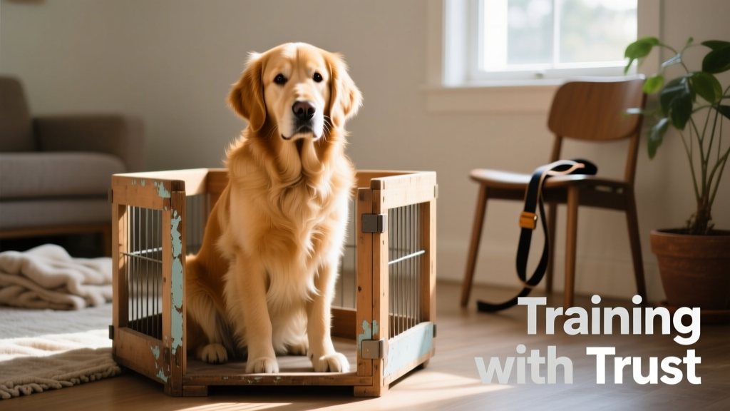 A golden lab sitting calmly in their crate