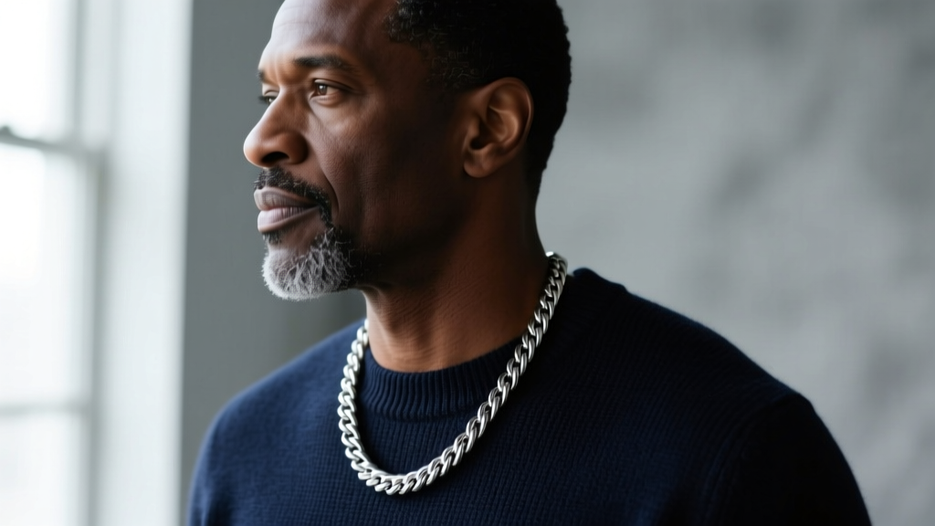 Side profile of a man wearing a 22-inch stainless steel rope chain on the upper chest, paired with a dark navy crewneck sweater.