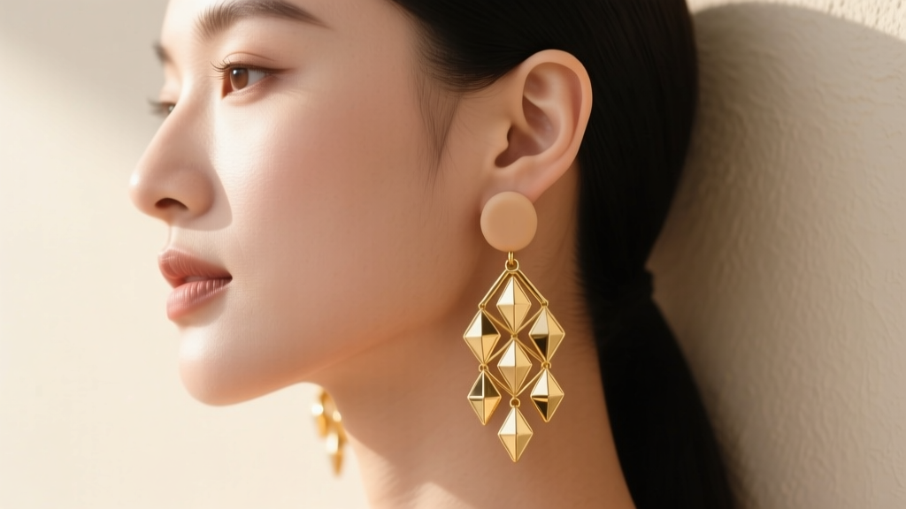 Side profile of a woman wearing heavy gold drop earrings supported by thick skin-tone silicone hooks preventing ear lobe drooping.