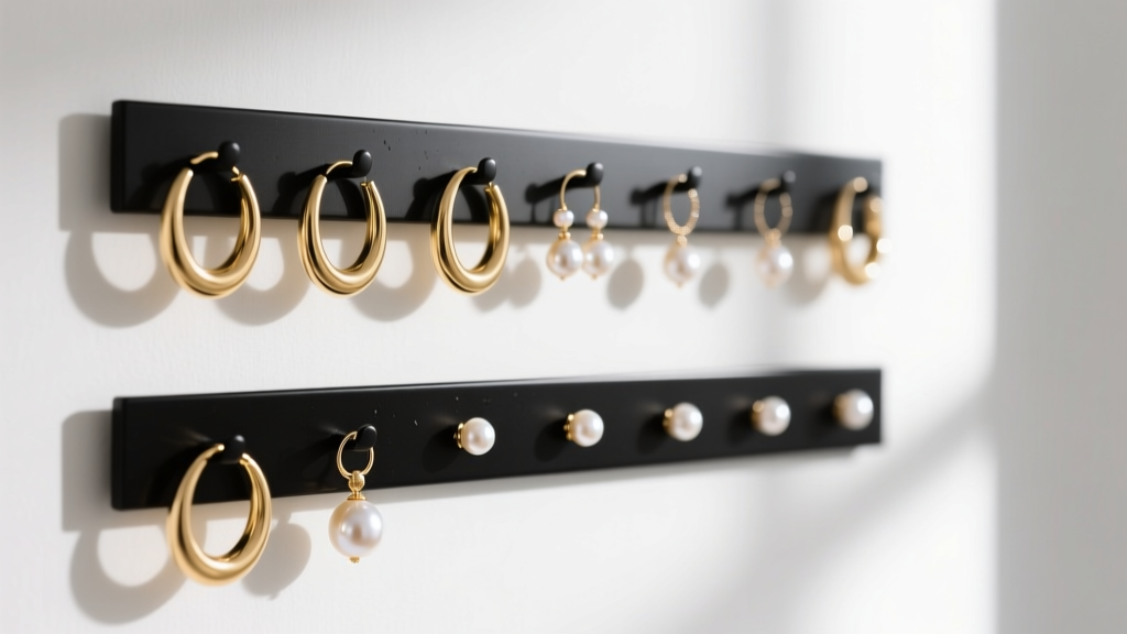 Matte-black metal earring wall organizer on a bright wall, displaying gold hoops and pearl studs in soft natural lighting.