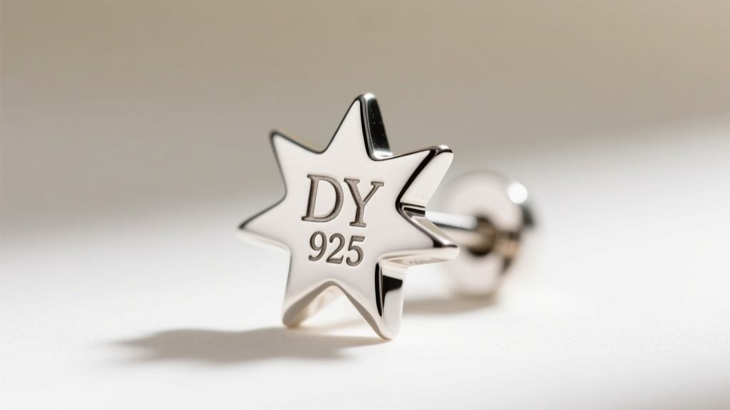 Macro shot of the hallmark stamp on a sterling silver starburst earring post, showing the DY logo and 925 mark in sharp focus.