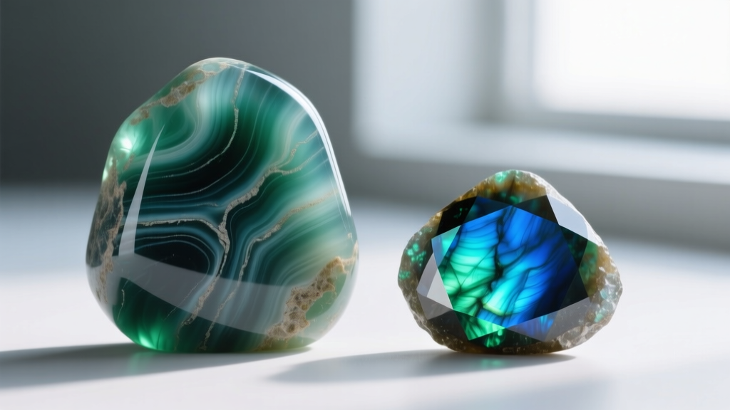 Macro view comparing dyed resin Te Fiti stone with mold lines next to genuine labradorite showing bright blue-green flashes.