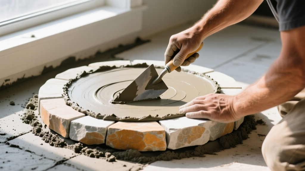 Mason applying thick Type S mortar to the back of a round riverside stone veneer piece before setting it onto a cured scratch coat