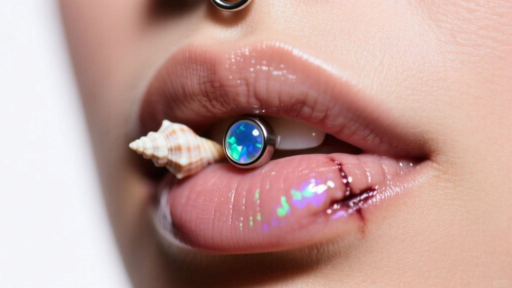 Healed conch piercing with 14-gauge threadless titanium labret and opal cabochon, lit by soft directional studio lighting on skin.