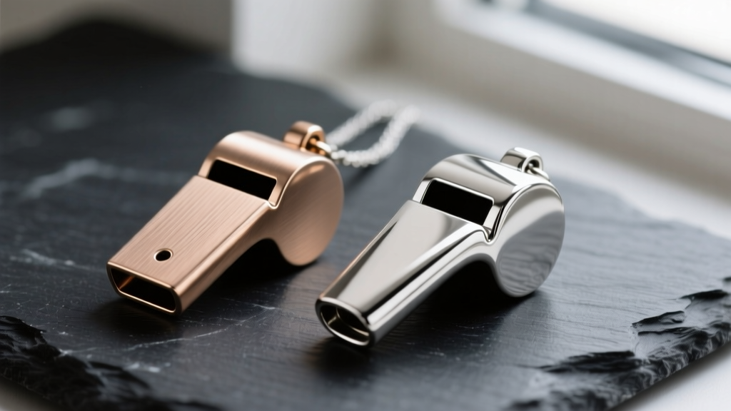 Macro shot comparing a brushed titanium mindfulness whistle pendant with a polished sterling silver version on dark slate