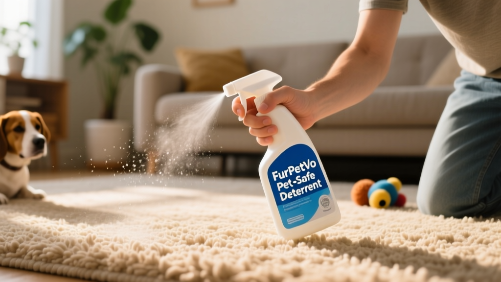 Close-up of a person spraying a carpet with a labeled bottle marked 'FurPetVo Pet-Safe Deterrent'