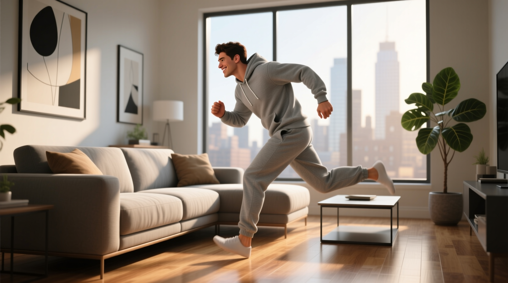 Person transitioning from couch to walking