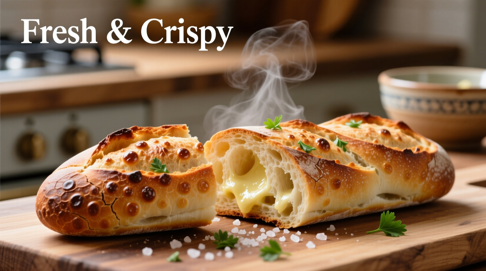 Freshly baked garlic bread baguette with golden crust