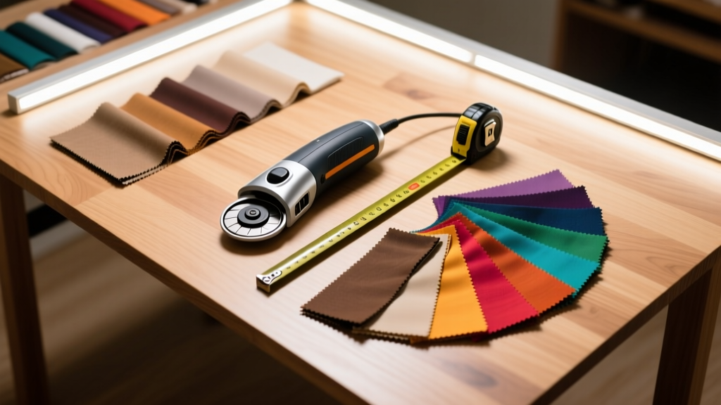 Overhead view of wooden crafting table with electric rotary cutter, digital tape measure, and fabric swatches under bright LED lighting
