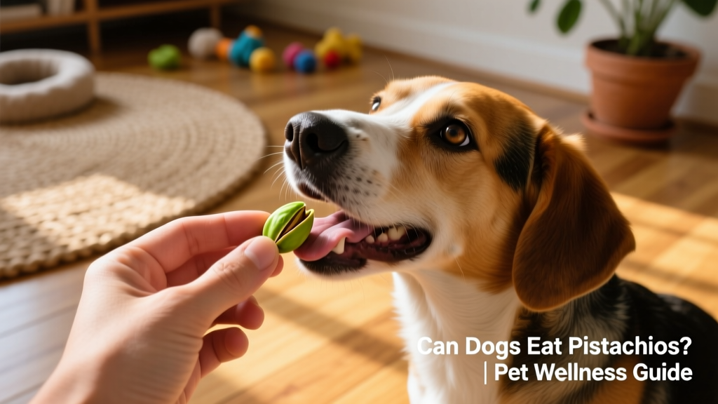 Close-up of a hand placing a single shelled, unsalted pistachio into a dog's open mouth