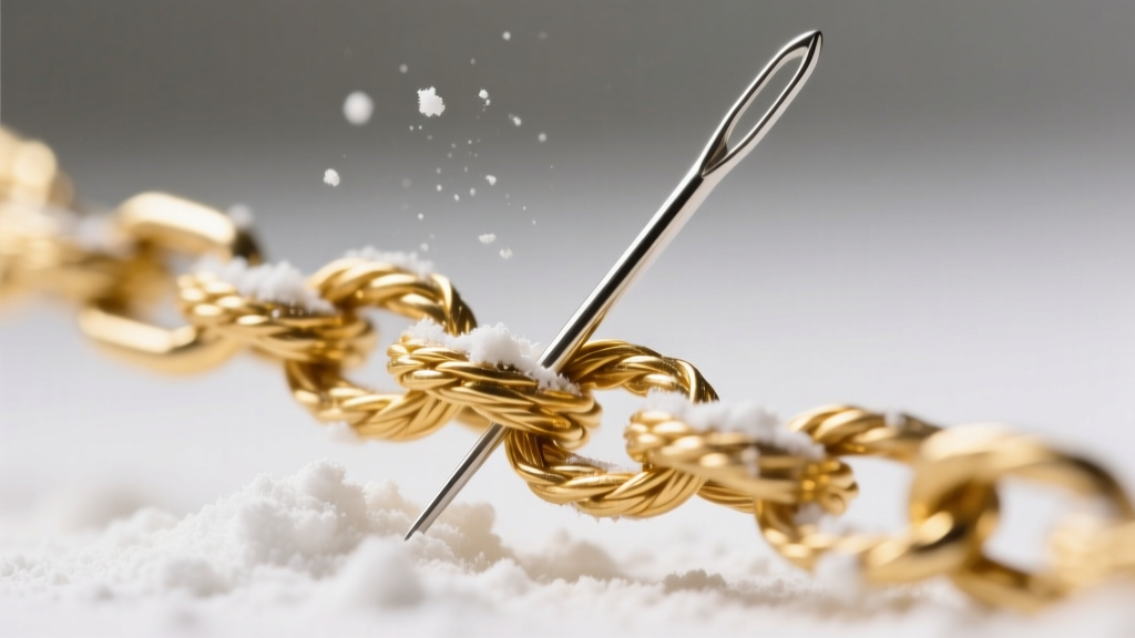 Macro view of a tangled 1mm gold rope chain being separated using a fine sewing needle and a light dusting of white baby powder