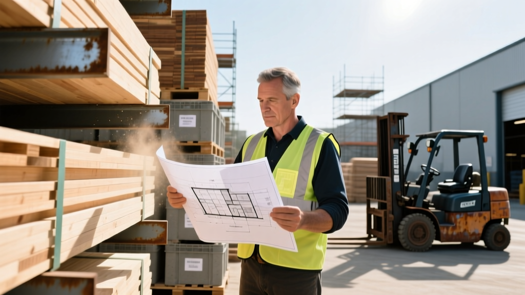 Contractor reviewing architectural blueprints next to stacked engineered lumber and masonry pallets at a busy commercial construction supply yard
