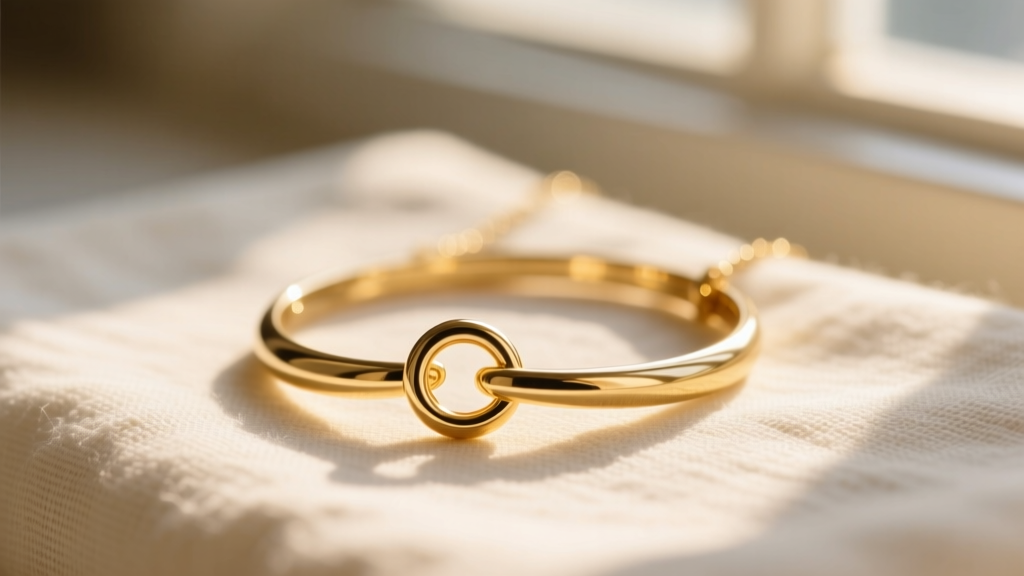 Close-up of a 14k gold vermeil interlocking rings necklace on soft cream linen cloth, illuminated by warm morning sunlight.