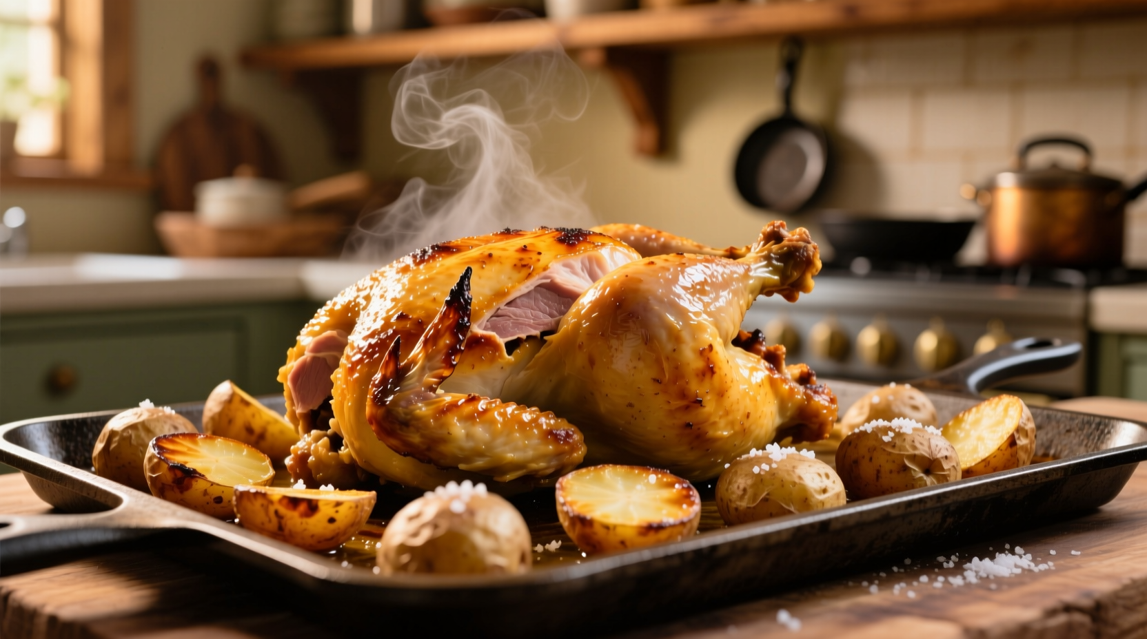 Crispy roasted chicken and golden potatoes on sheet pan