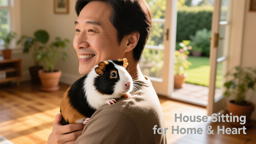 A friendly sitter gently cuddling a tri-colored guinea pig against their shoulder