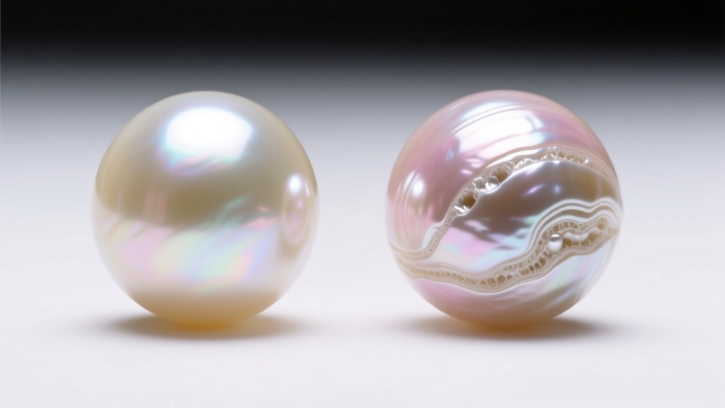 Gemological close-up of a solid-nacre freshwater pearl beside a bead-nucleated saltwater pearl under bright studio lighting.