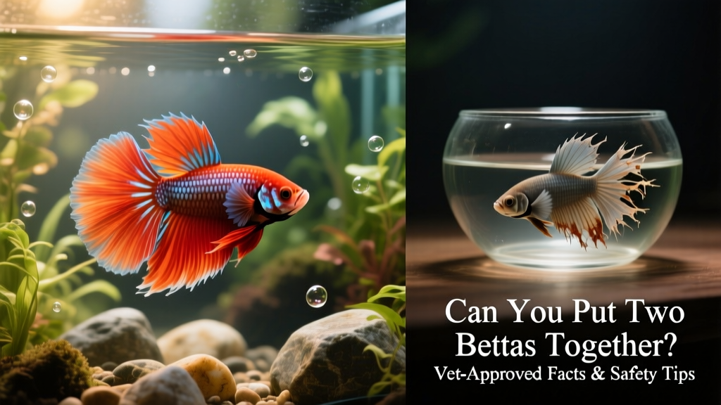 Side-by-side comparison: a healthy, relaxed betta in a spacious, planted tank versus an injured betta with torn fins in a bare, cramped bowl