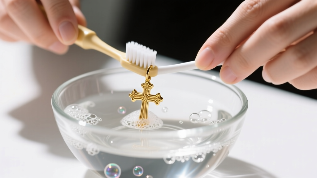 Hands using a soft toothbrush to scrub crevices of a 14k gold cross earring submerged in soapy water inside a clear glass bowl.