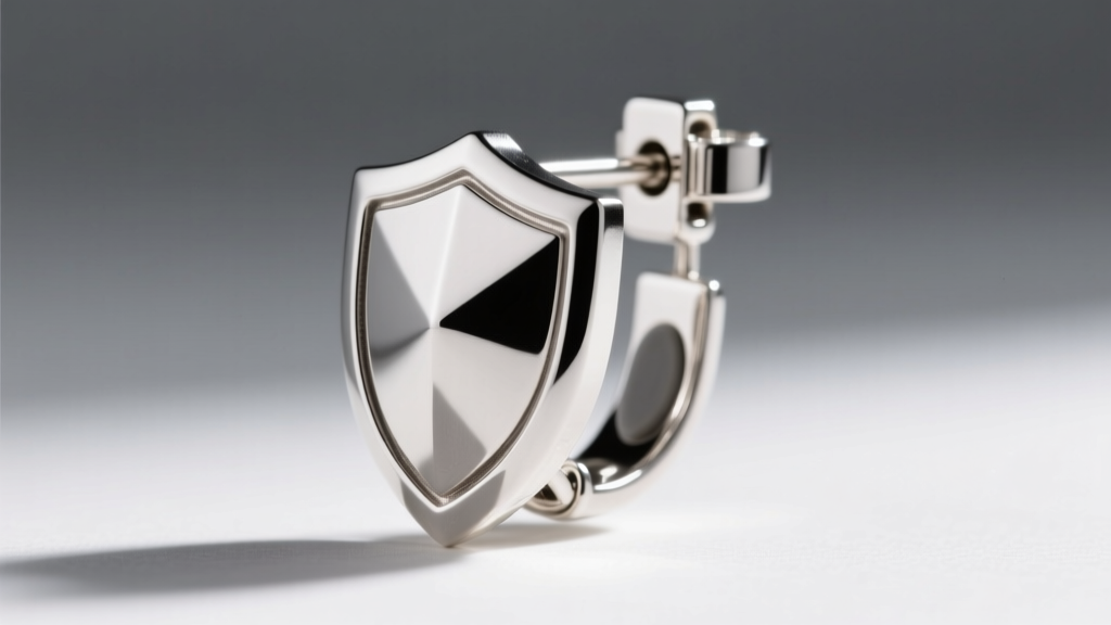 Close-up of heavy sterling silver shield earring post featuring a secure la pousette clutch back and silicone ear support patch
