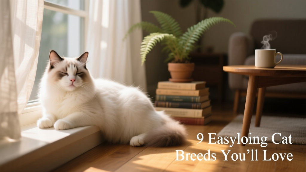 A relaxed Ragdoll cat resting on a sunlit windowsill, eyes half-closed, looking peaceful and content