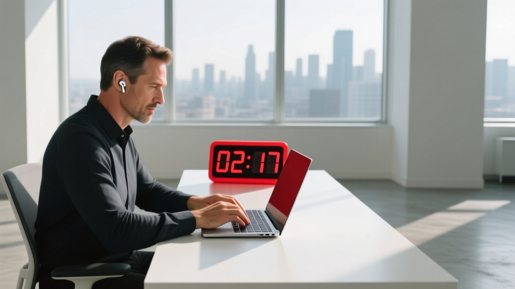 Adult working at a minimalist desk using a red visual countdown timer and wearing noise-reducing earplugs while typing on a laptop