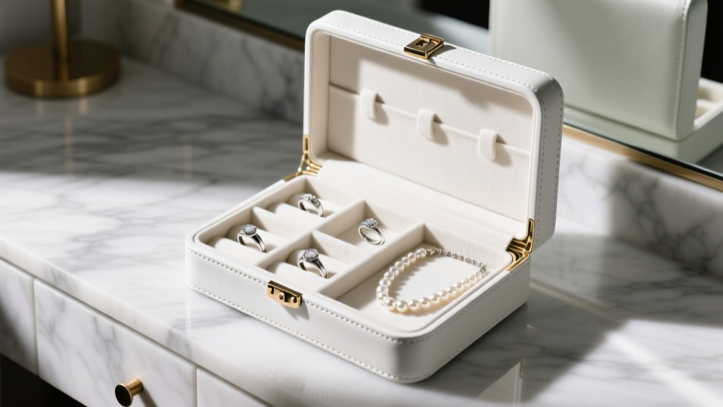 Pristine white leather jewelry box open on a marble vanity, showing velvet compartments with silver rings and pearl necklaces.