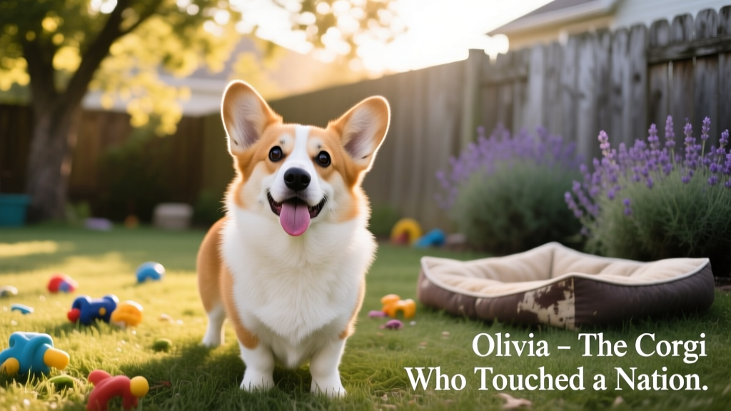 Olivia corgi mid-tilt, tongue out, looking adorably curious during a backyard play session