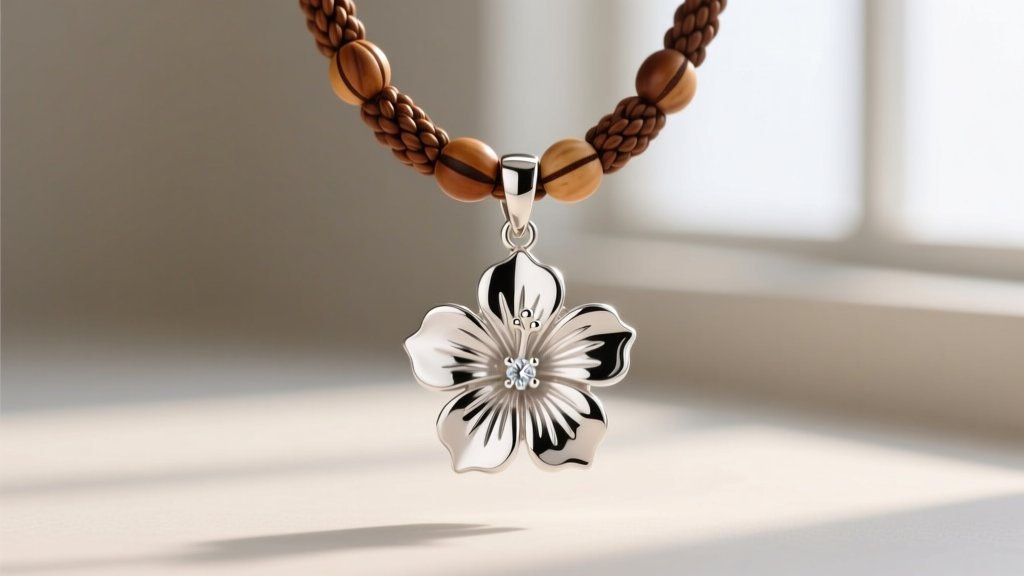 Sterling silver hibiscus pendant with small round diamond center, displayed on woven brown kukui nut necklace strand in daylight