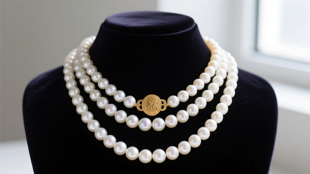 Three string pearl necklace draped on dark velvet bust, showcasing three strands of lustrous white Akoya pearls and a gold clasp