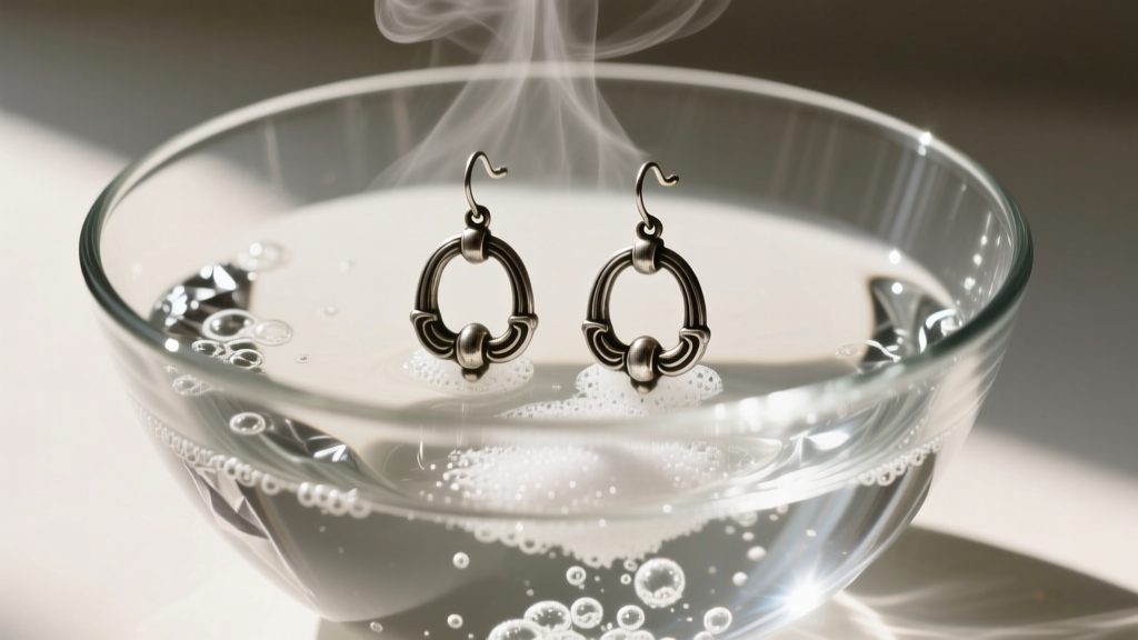 Glass bowl lined with aluminum foil and hot baking soda water, submerging a pair of tarnished silver door knocker earrings.