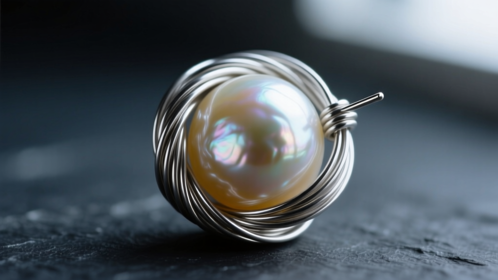 Macro shot of 24-gauge silver wire tightly wrapping an irregular baroque freshwater pearl against a dark slate background.