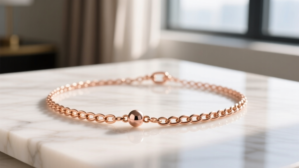 Delicate 14k rose gold wheat chain featuring a small 2mm spherical counterweight bead near the clasp to prevent pendant flipping.