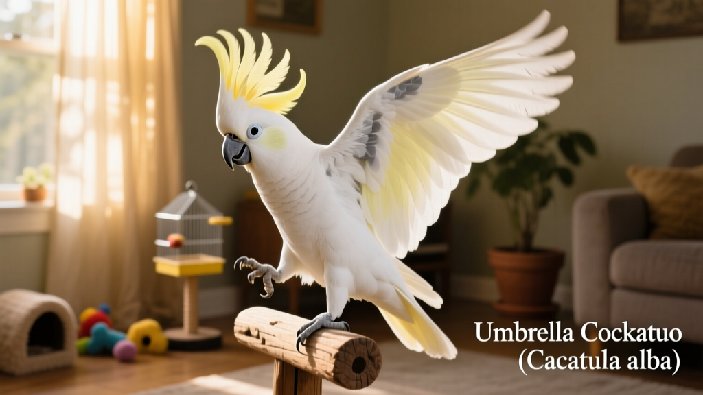 White umbrella cockatoo with its foot raised and crest partially fanned