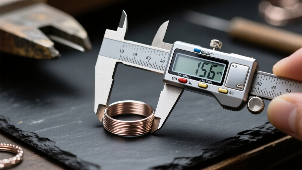 Jeweler workbench featuring a digital caliper measuring the wire gauge of a niobium continuous gap hoop against dark slate.