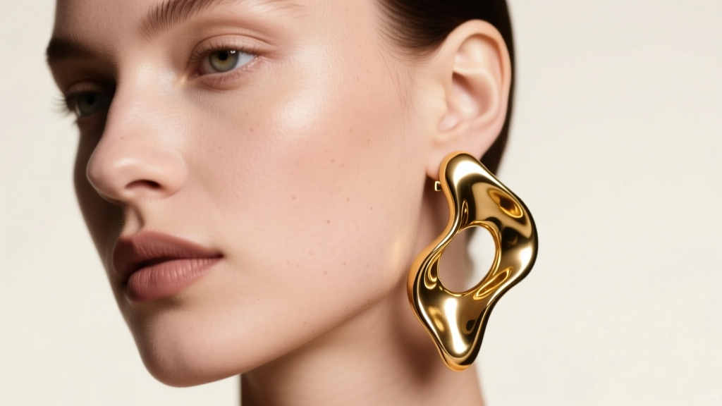 Close up of model wearing asymmetrical molten gold Yelena earrings, soft studio lighting highlighting organic textures and curves